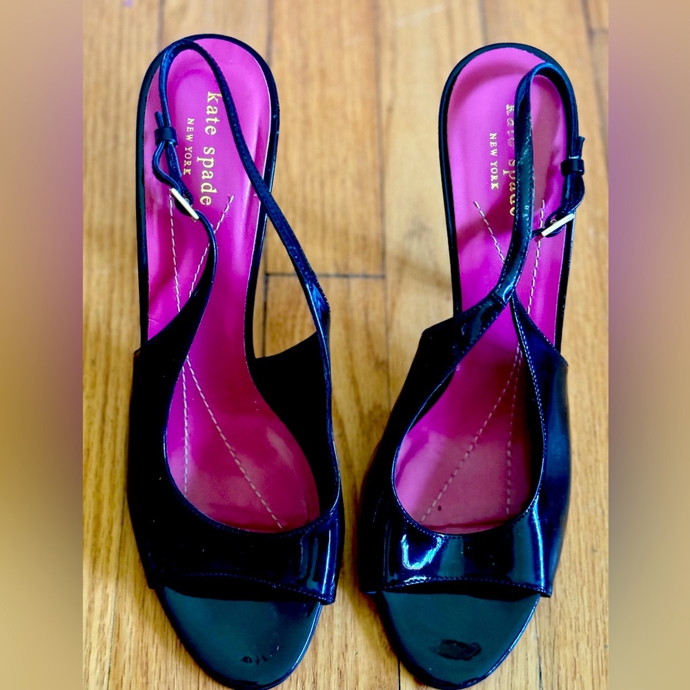 Kate Spade black patent leather sling back peep toe heels size 10